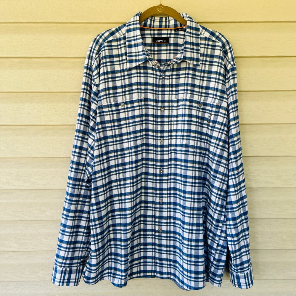 Orvis Men's Blue White Flannel Button Down Shirt Size L
